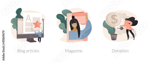 Website tabs abstract concept vector illustration set. Blog articles, online magazine, donation and crowdfunding, latest news, web page design, company online landing page abstract metaphor.