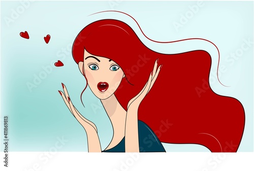 Extremely surprised girl. Beautiful woman in shock. Great joy, pleasant surprise. Sale, big discounts. Soft blue background. Vector, EPS10. Cartoon style.