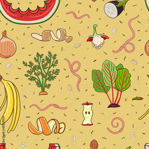 Seamless pattern with organic waste. Leftovers, spoiled products, kitchen scraps, fruit, vegetables. Farming and agriculture. Home composting and zero waste concept