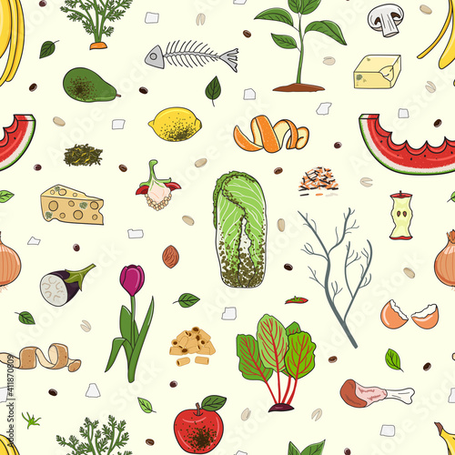 Seamless pattern with organic waste. Leftovers, spoiled products, kitchen scraps, fruit, vegetables. Farming and agriculture. Home composting and zero waste concept