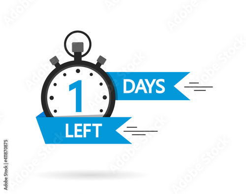 Countdown with left 1 day. Timer with one day go. Clock with count to sale. Banner, sticker, badge for discount. Special promotion offer for product on market. Icon of stopwatch for business. Vector.