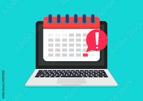 Deadline in calendar of laptop. Online meeting on project. Reminder of date holiday or work in computer. Display screen of laptop with appointment in agenda. Icon of electronic plan. Vector