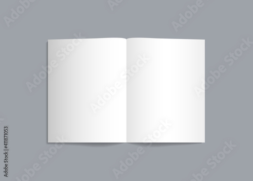 Mockup of brochure with fold. Blank mock up of booklet, menu and flyer. White paper of magazine. A4 mockup of leaflet. Template of twofold pamphlet isolated on gray background. Vector