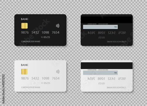 Credit card. Debit card. Design of template plastic card for bank in front and back. Mockup with chip for payment. Realistic set with white and black icons isolated on transparent background. Vector