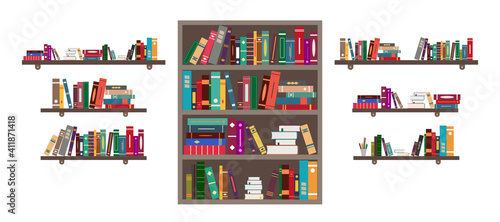 Book on shelf. Bookshelf with books in library. Bookcase with literature in school for education. Bookstore or office with bookshelves. University library. Cabinet of academy for reading. Vector