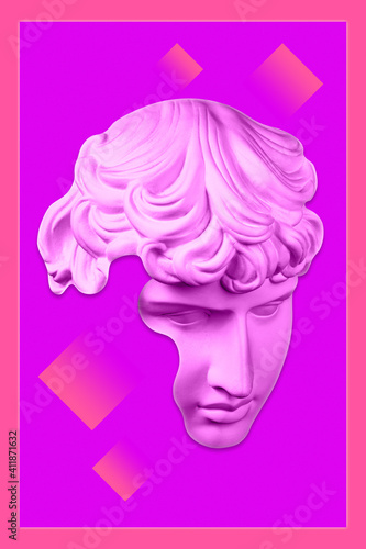 Collage with plaster antique sculpture of human face in a pop art style. Modern creative concept image with ancient statue head. Zine culture. Contemporary art poster. Funky minimalism. Retro design.