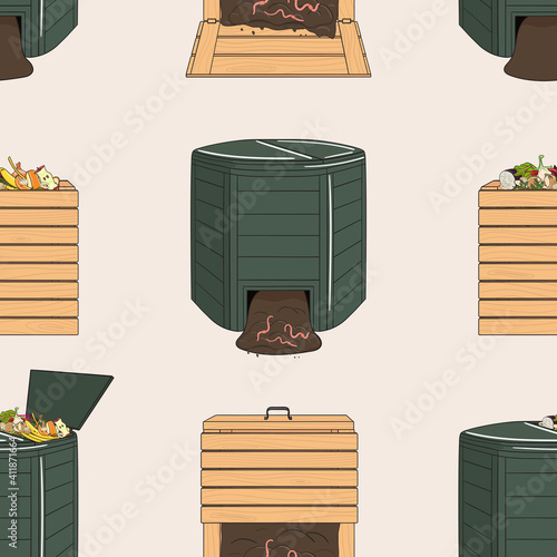 Seamless pattern with garden wood and plastic composters. Recycling organic waste. Farming and agriculture. Home composting and zero waste concept