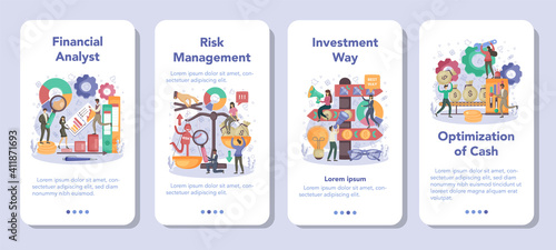 Financial analyst mobile application banner set. Business character
