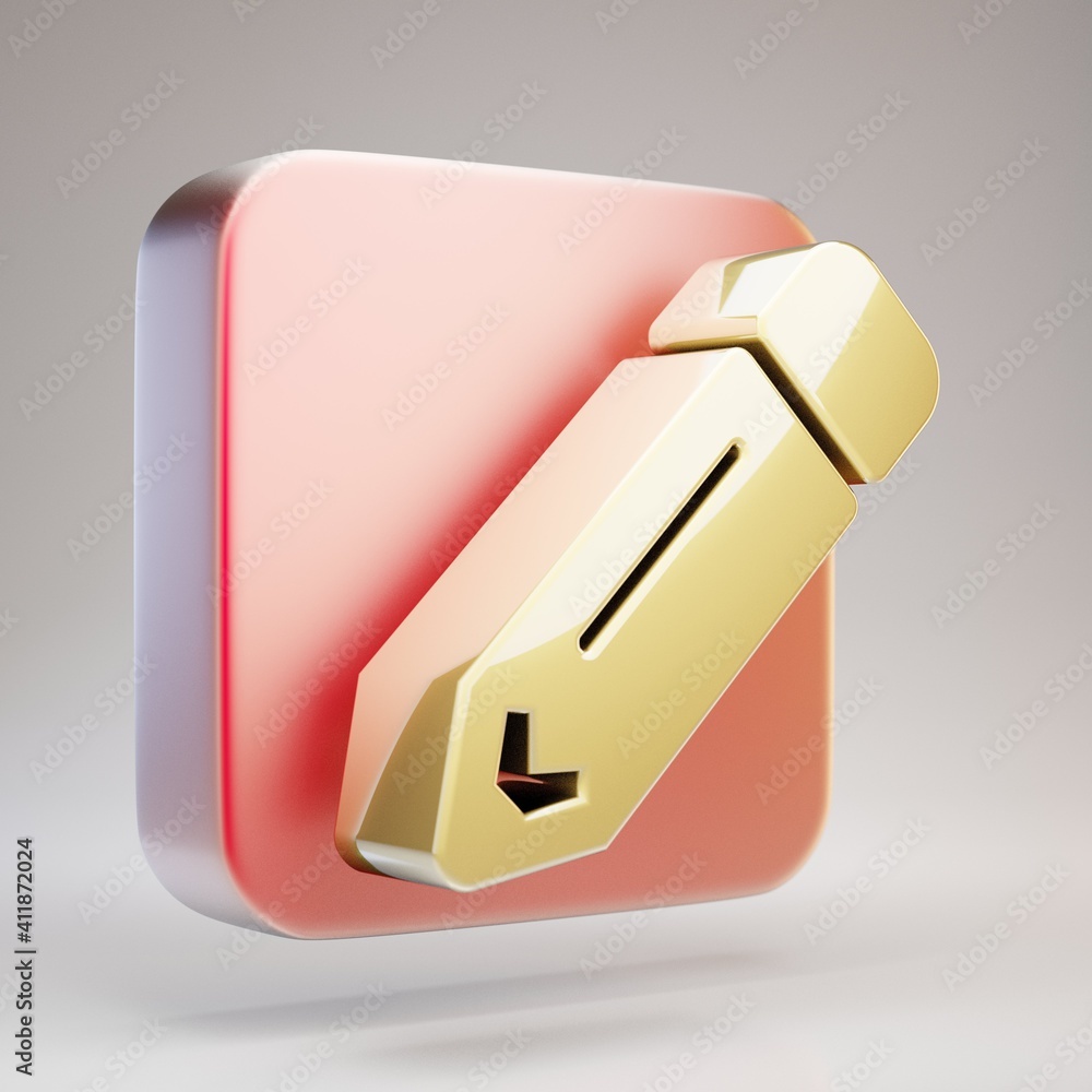 Pencil icon. Golden Pencil symbol on red matte gold plate. Pencil icon. Golden Pencil symbol on red matte gold plate.