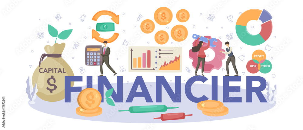 Financier typographic header. Business character making banking Financier typographic header. Business character making banking