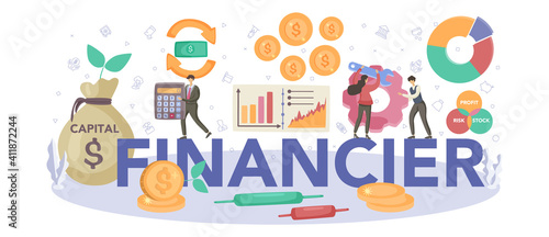 Financier typographic header. Business character making banking