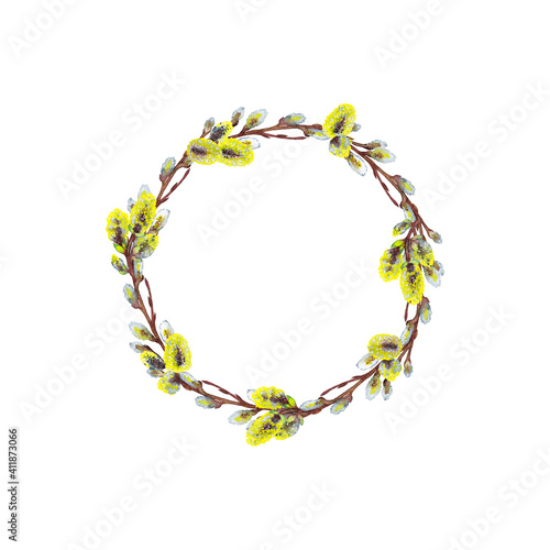Blooming spring wreath of willow twigs with fluffy catkins. Realistic drawing. Round delicate Easter or wedding rustic frame. Watercolor hand painted isolated arrangement. 