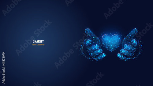 Abstract vector 3d human hands holding or giving heart symbol in dark blue. Charity, volunteering, social care concept. Digital low poly mesh wireframe with connected dots, lines, stars and shapes