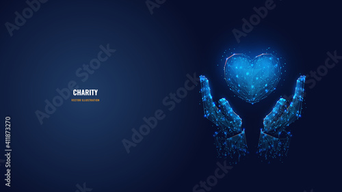 Digital vector 3d human hands holding heart symbol in dark blue. Charity, volunteering, social care concept. Abstract polygonal mesh wireframe with connected dots, lines, shapes looks like starry sky 