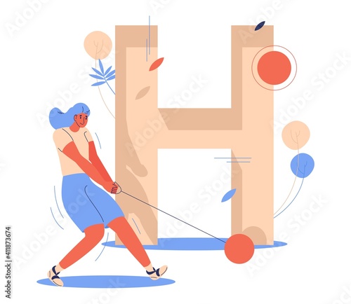 Hammer throwing woman with capital letter H. Sport and healthy lifestyle illustration isolated on white