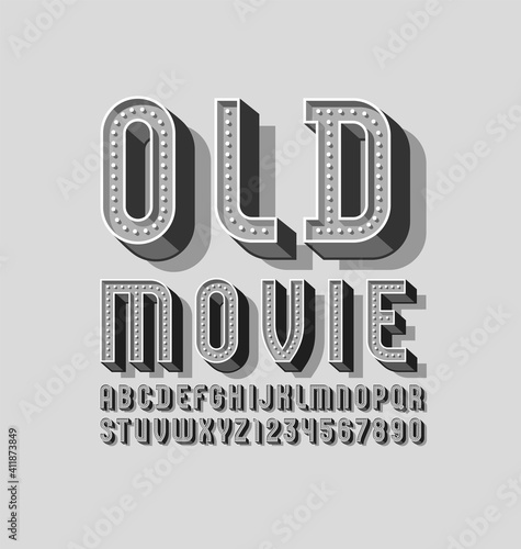 3D old gray font, retro volumetric alphabet, condensed letters and numbers with light bulbs, vector illustration 10eps