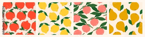Juicy Pomegranates, Lemons, Peaches, Pears. Fresh tasty Fruits. Hand drawn colored Vector illustrations. Set of four Seamless Patterns. Background, wallpaper. For textile Prints or Wrapping paper