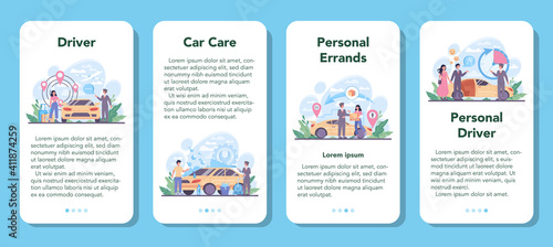 Drive service mobile application banner set. Automobile cab with driver inside.
