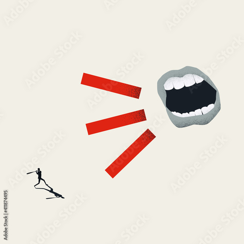 Stand up to bully vector concept. Man fighting off critic, big mouth. Symbol of finding self respect.
