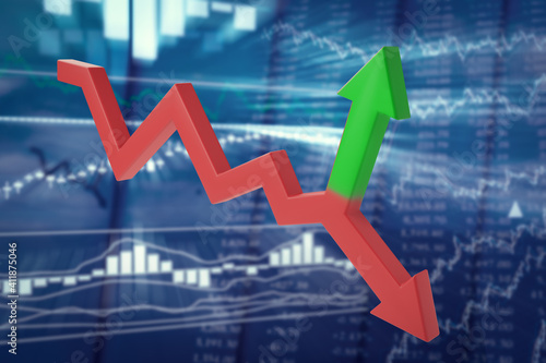 Bifurcating red-green arrow on a blurred background of stock quotes. Unpredictable trend reversal or short squeeze concept. 3d illustration