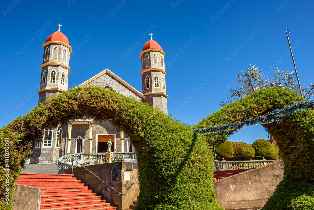 Catholic church with a park in Zarcero, Costa Rica