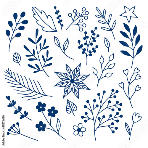 A set of plant elements in the doodle style. Flowers, flowers, stylized elements for the design of wedding invitations, wallpaper and fabric design, postcards and other printed products.