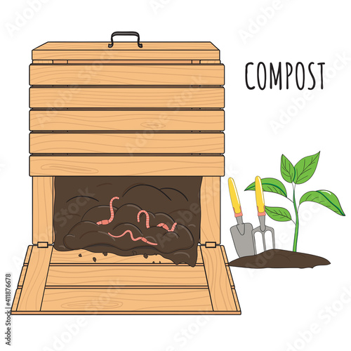 Garden wood composting bin. Garden fertilizer organic with worms. Recycling organic waste. Sustainable living concept