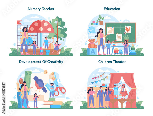 Nursery teacher set. Professional nany and children doing different
