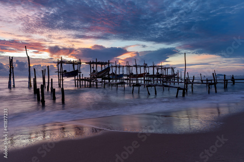 Morning view before sunrise Fishing boat s harbor service at Bang Hoi Beach  Songlkhla  Thailand.