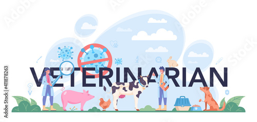 Pet veterinarian typographic header. Veterinary doctor checking and treating