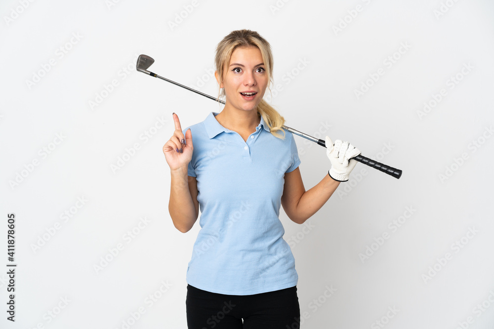 Young Russian golfer woman isolated on white background thinking an idea pointing the finger up Young Russian golfer woman isolated on white background thinking an idea pointing the finger up