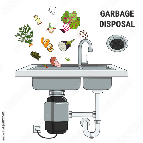 Food waste disposer for kitchen sink with kitchen scraps falling into it. Home garbage disposal. Recycling organic waste. Sustainable living, zero waste concept