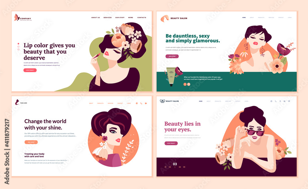 Web page design templates set for beauty, cosmetics, makeup, natural products, healthy life. Modern flat design vector illustration concepts for website and mobile website development.  - obrazy, fototapety, plakaty 