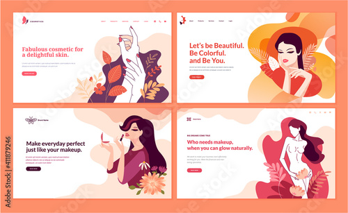 Web page design templates set for beauty, cosmetics, makeup, natural products, healthy life. Modern flat design vector illustration concepts for website and mobile website development. 