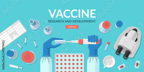 Covid-19 vaccine research and development concept. Scientist's hands taking a sample from a bottle with coronavirus vaccine. View at the medical laboratory desktop. Flat design vector illustration.