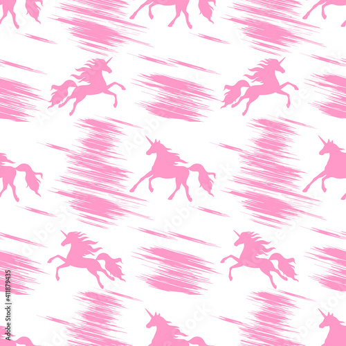 Seamless pattern with pink prancing and flying unicorns on a white background.