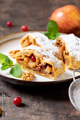 homemade fragrant strudel with apples and cinnamon on a plate on a wooden background with space for text