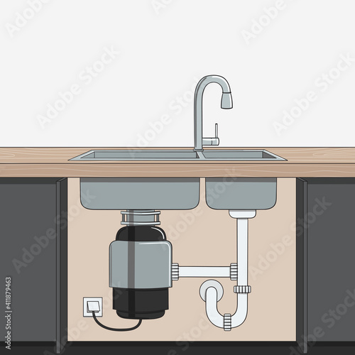 Food waste disposer installed under kitchen sink. Home garbage disposal. Kitchen interior. Recycling organic waste. Sustainable living, zero waste concept