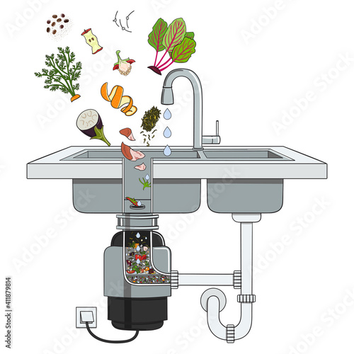 Food waste disposer for kitchen sink with kitchen scraps falling into it. Home garbage disposal. Recycling organic waste. Sustainable living, zero waste concept