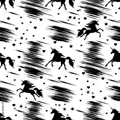 Seamless monochrome pattern with black prancing and flying unicorns, hearts, crowns and stars on a white background.
