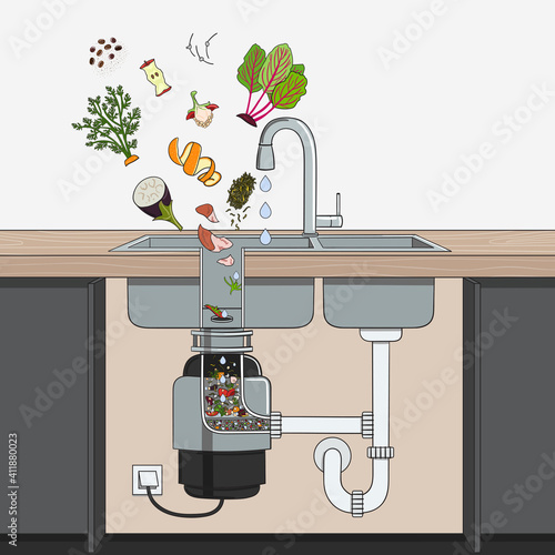 Food waste disposer installed under kitchen sink with scraps falling into it. Home garbage disposal. Kitchen interior. Recycling organic waste. Zero waste concept