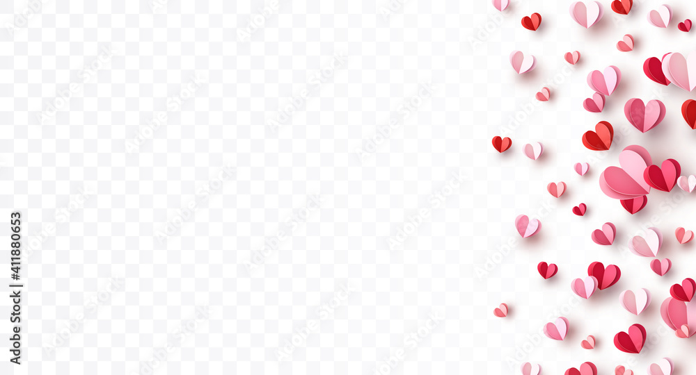 Valentine's paper confetti hearts isolated on transparent background. Vector pink and red symbols of love border for romantic banner or Happy Mother's Day greeting card design