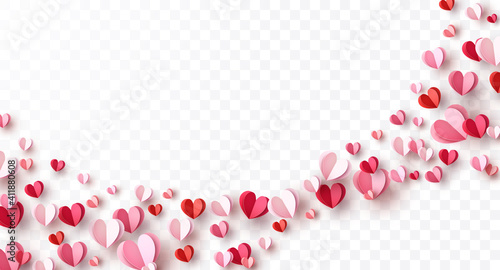 Valentine's paper confetti hearts isolated on transparent background. Vector pink and red symbols of love border for romantic banner or Happy Mother's Day greeting card design