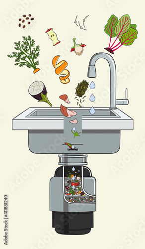 Food waste disposer for kitchen sink with kitchen scraps falling into it. Home garbage disposal. Recycling organic waste. Sustainable living, zero waste concept