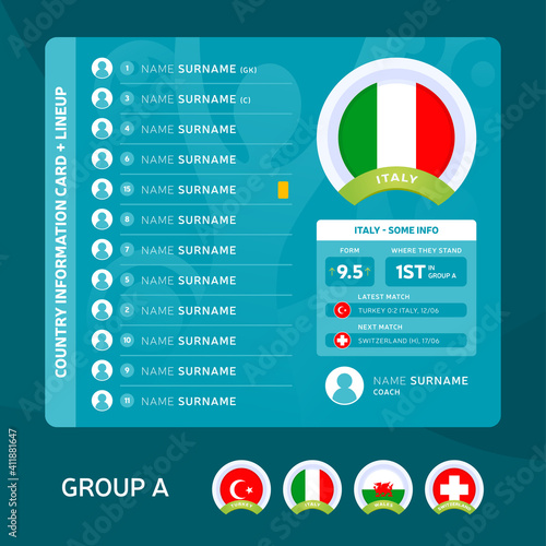 Italy group A Football 2020 tournament final stage vector illustration. Country team lineup table with place for information. 2020 soccer tournamet Vector country flags.