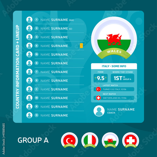 wales group A Football 2020 tournament final stage vector illustration. Country team lineup table with place for information. 2020 soccer tournamet Vector country flags.