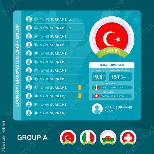 turkey group A Football 2020 tournament final stage vector illustration. Country team lineup table with place for information. 2020 soccer tournamet Vector country flags.