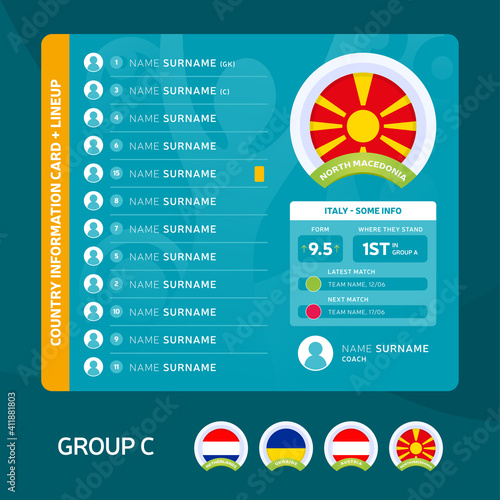 North Macedonia group C Football 2020 tournament final stage vector illustration. Country team lineup table with place for information. 2020 soccer tournamet Vector country flags.