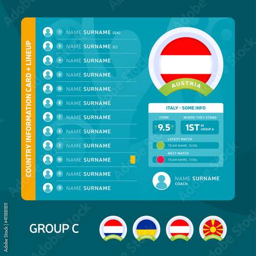 Austria group C Football 2020 tournament final stage vector illustration. Country team lineup table with place for information. 2020 soccer tournamet Vector country flags.