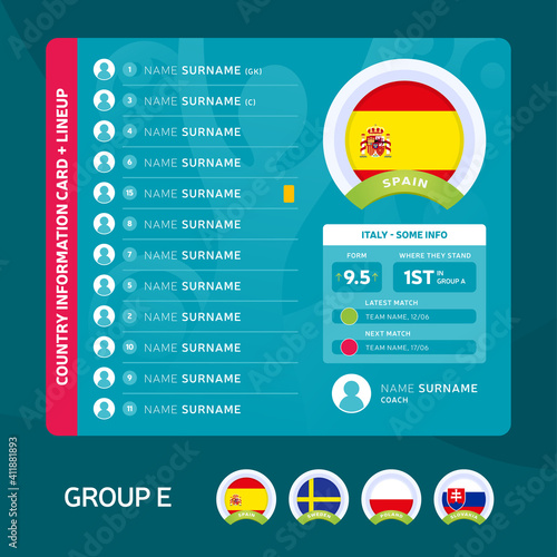 Spain group E Football 2020 tournament final stage vector illustration. Country team lineup table with place for information. 2020 soccer tournamet Vector country flags.